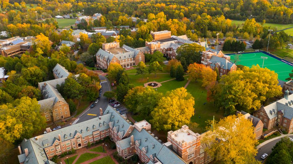 An aerial view of Richmond's campus in the fall