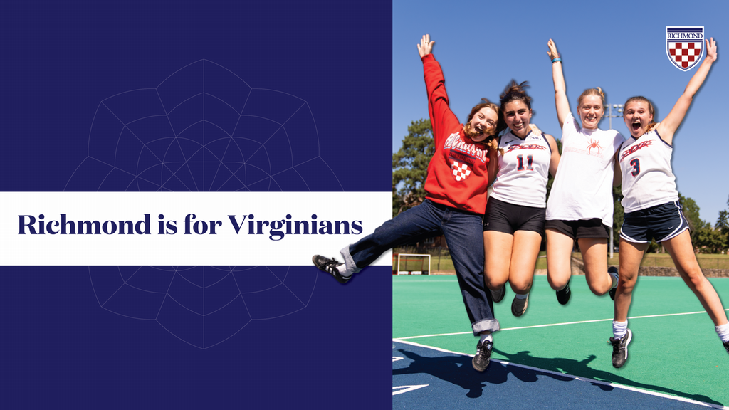 Students jumping excitedly wearing Richmond merch 