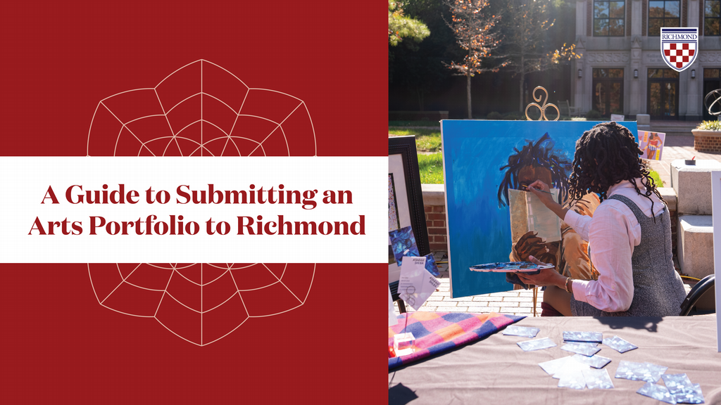 Female student painting a self-portrait and is surrounded by other art pieces. She is outside in the forum campus area. 