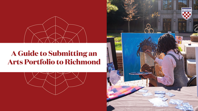 Female student painting a self-portrait and is surrounded by other art pieces. She is outside in the forum campus area. 
