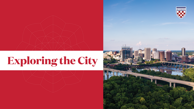 A scenic view of the city skyline of Richmond. With a title labeled 