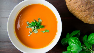 Photo of fall soup, bread, and herbs
