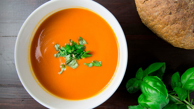 Photo of fall soup, bread, and herbs