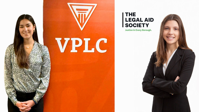 Linden Emerson, left, by a Virginia Poverty Law Center banner and Elizabeth Milliot, right by a Legal Aid Society logo
