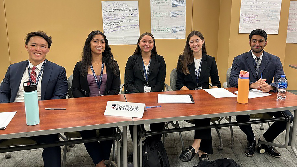 Ethics bowl teammates Timothy Khoh, Samantha Chiaino, Allyssa Flanagan, Emerson Linden, and Sassan FahimFlanagan