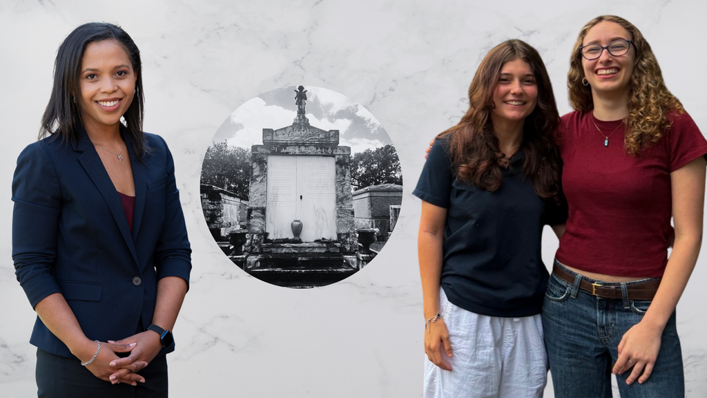 Dr. Lauren Henley, Walter T. Lamana's tomb, and sophomores Sophie Atiyeh and Madeleine Roncka