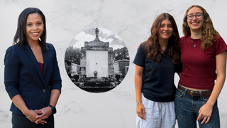 Dr. Lauren Henley, Walter T. Lamana's tomb, and sophomores Sophie Atiyeh and Madeleine Roncka