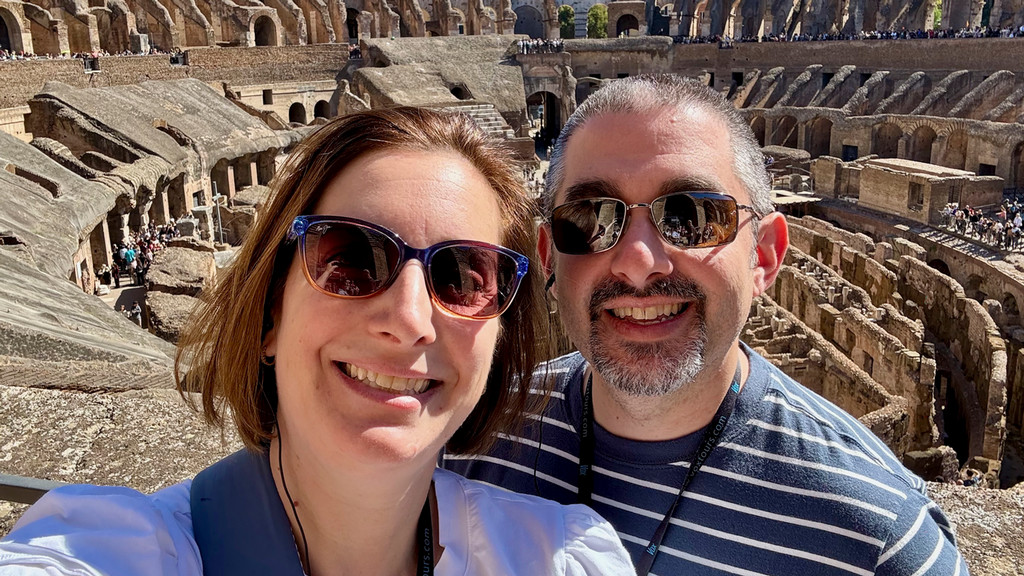 Beth Baum and Evan Baum, '03, visiting the Colosseum on a recent trip to Rome