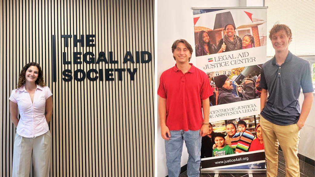 Senior Jordan Hemmerdinger at The Legal Aid Society in Queens and seniors William Martin and Emerson Lewis at the Legal Aid Justice Center in Richmond