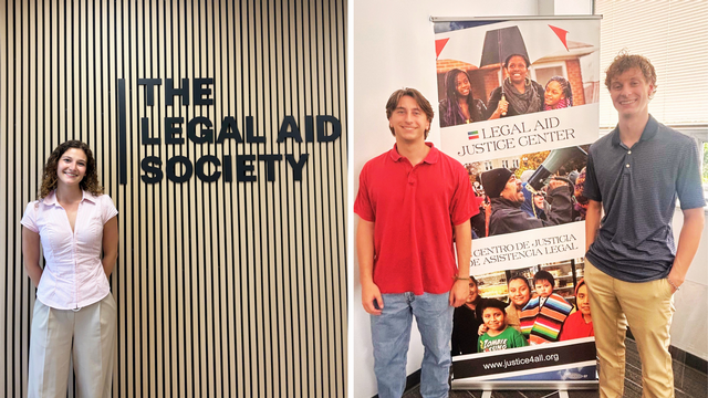 Senior Jordan Hemmerdinger at The Legal Aid Society in Queens and seniors William Martin and Emerson Lewis at the Legal Aid Justice Center in Richmond