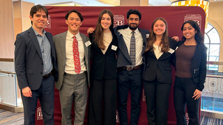 Left to right: Coach Javier Hidalgo with Ethics Bowl team members Timothy Khoh, Emerson Linden, Sassan Fahim, Allyssa Flanagan, and Samantha Chiaino