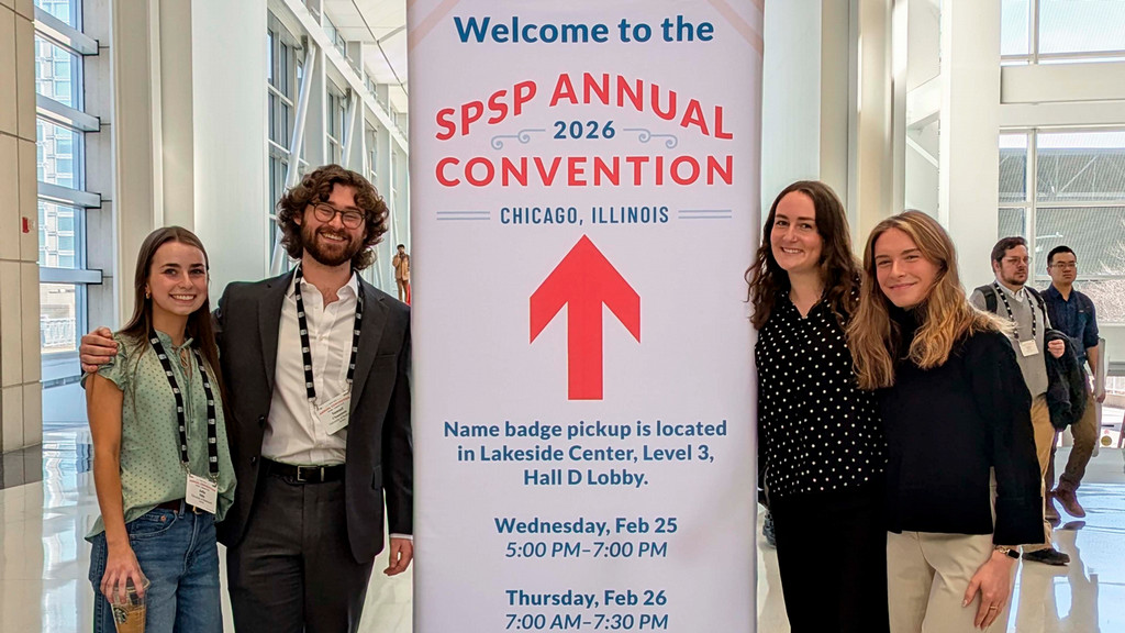 Left to right: Seniors Julia Mills, Sam Chanenson, and Emma McCauley and junior Nora Cahill presented research at the 2026 Society for Personality and Social Psychology Convention in Chicago.