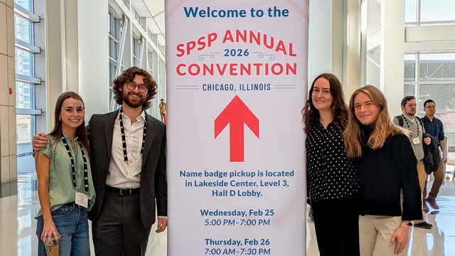 Left to right: Seniors Julia Mills, Sam Chanenson, and Emma McCauley and junior Nora Cahill presented research at the 2026 Society for Personality and Social Psychology Convention in Chicago.