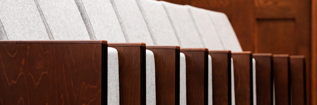 A photograph showing the symmetry of the chairs in the newly upgraded Moot Courtroom.