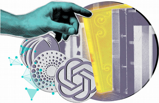 An illustration showing a librarian's hand reaching for a unique book amidst a collection of AI resources.
