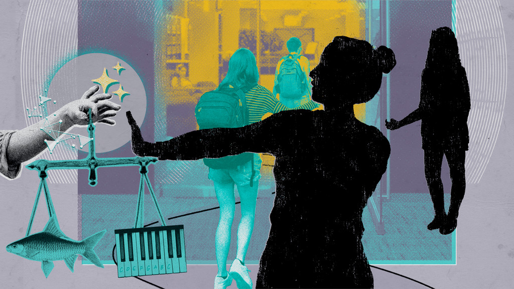 An illustration of a librarian (in silhouette) blocking a badly rendered AI version of justice from entering the law library.