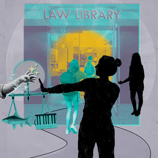 An illustration of a librarian (in silhouette) blocking a badly rendered AI version of justice from entering the law library.