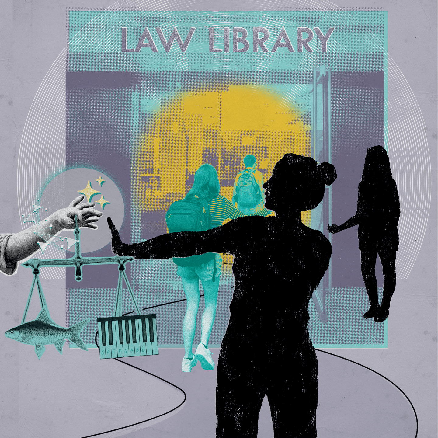 An illustration of a librarian (in silhouette) blocking a badly rendered AI version of justice from entering the law library.