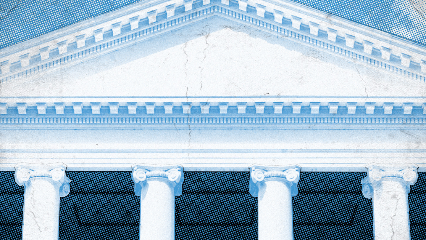 A stylized photo illustration of the ionic columns and pediment of a neo-classical government building.