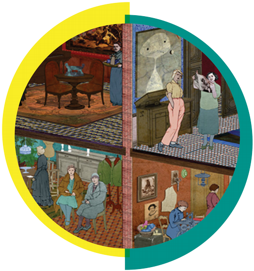 A graphic frame around a crop of an illustration of a tenement house, cut away to show the inhabitants.