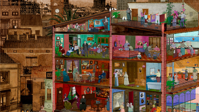 An illustration depicting a cutaway of a tenement building showing all of the various inhabitants.