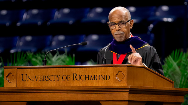 A photo of Fourth Circuit Judge Roger L. Gregory speaking at Law commencement.