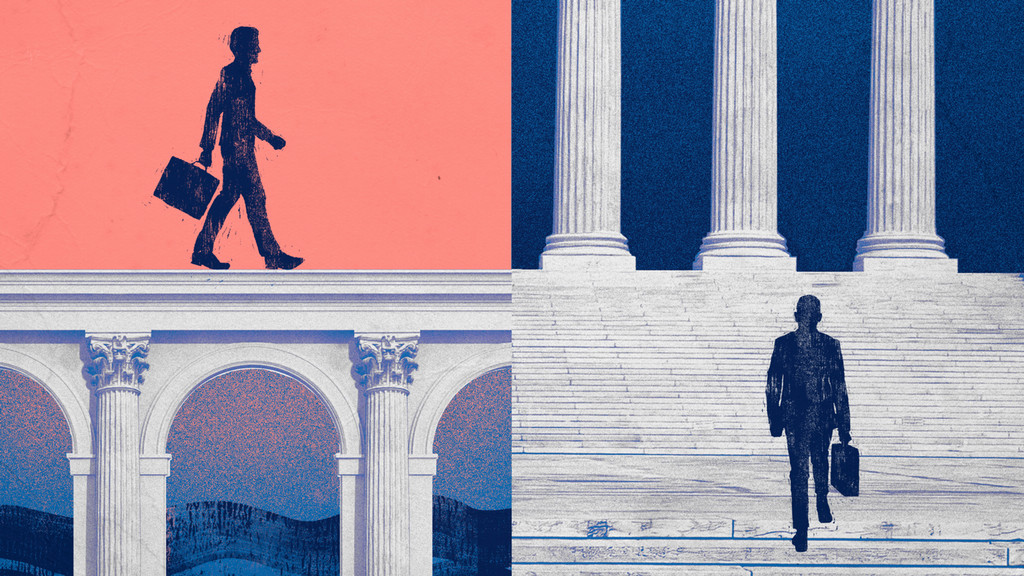 An illustration of a lawyer walking across a bridge as another lawyer walks up the steps of a courthouse.