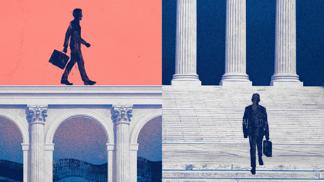 An illustration of a lawyer walking across a bridge as another lawyer walks up the steps of a courthouse.