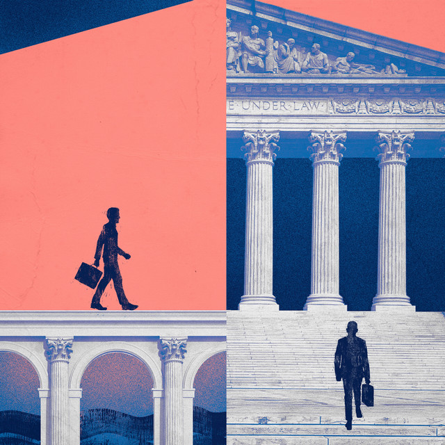 An illustration of a lawyer walking across a bridge as another lawyer walks up the steps of a courthouse.