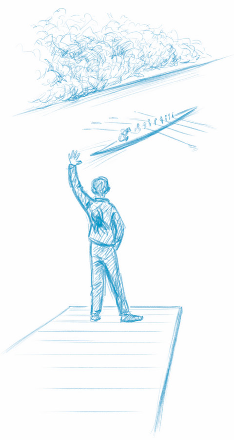 A sketch of a person on a dock waving goodby to an 8-oar crew boat