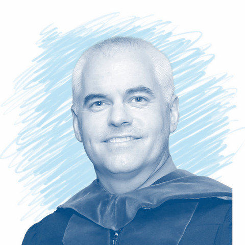 A stylized headshot of Jim Gibson with blue pencil sketching in the background