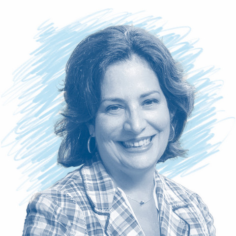 A stylized headshot of Joan Saab with blue pencil sketching in the background