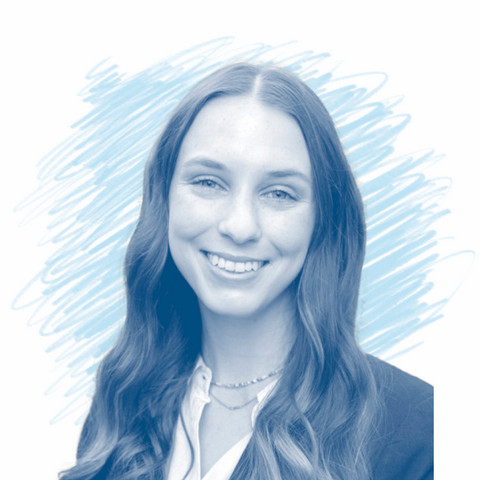 A stylized headshot of Libby Laro with blue pencil sketching in the background