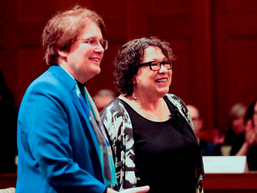 Dean Wendy Perdue and U.S. Supreme Court justice Sonia Sotomayor on campus in the moot court room.
