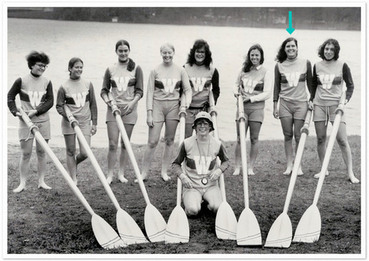Wendy Perdue and her Wellesley College crew team, posing while holding oars. Wendy is second from right in the back row.