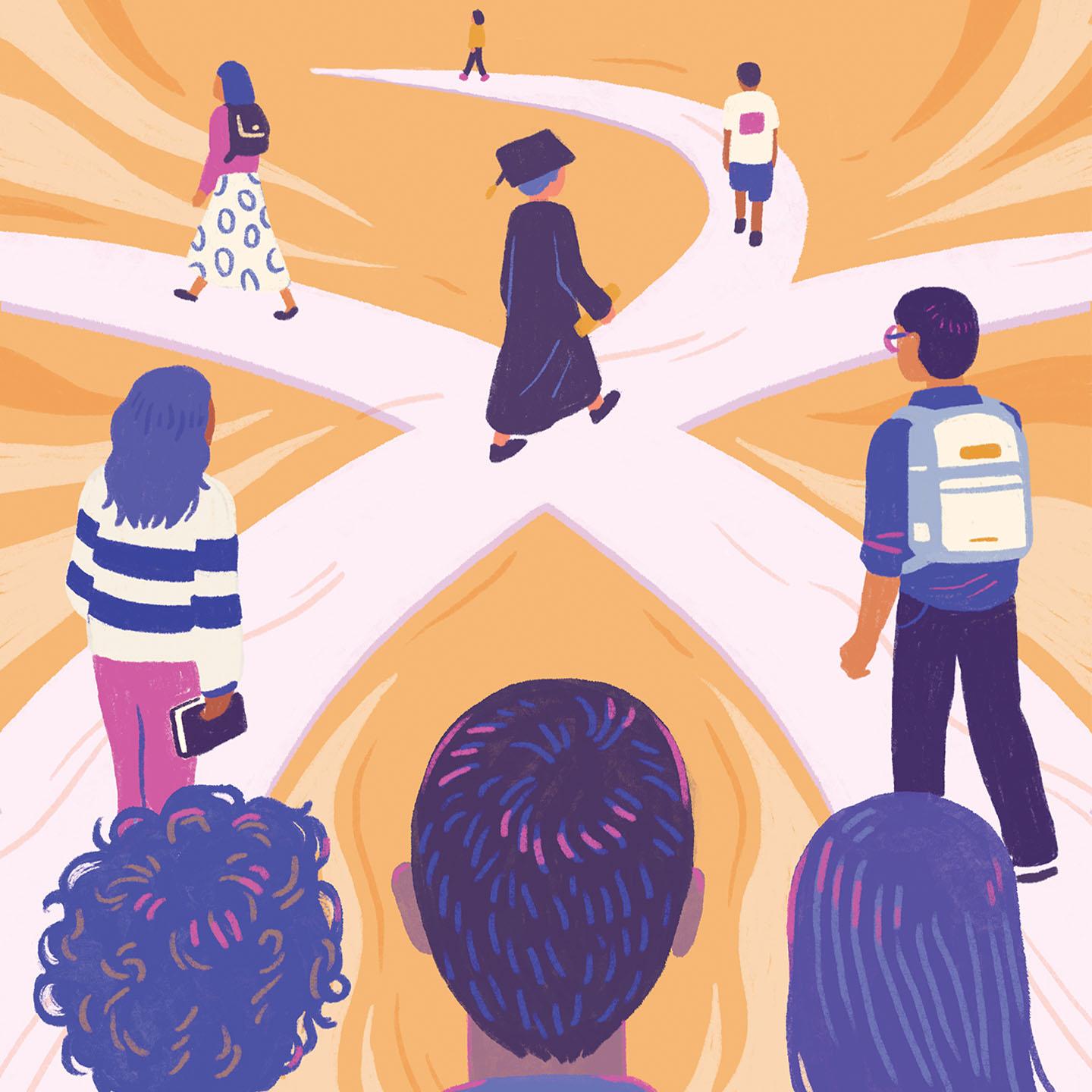 An illustrator of people walking along paths going in different directions.