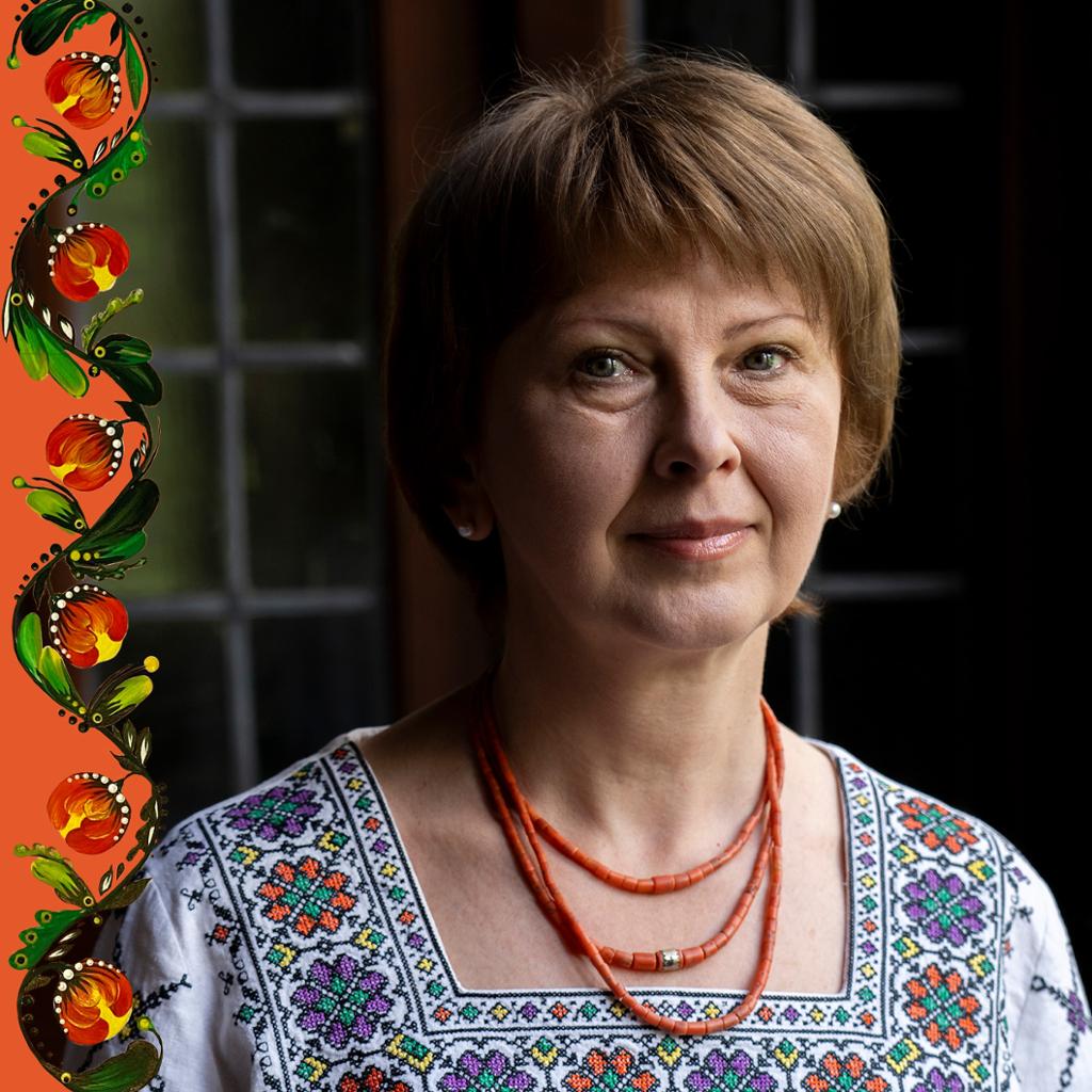 A portrait of Oksana Kis with a decorative border on the left.