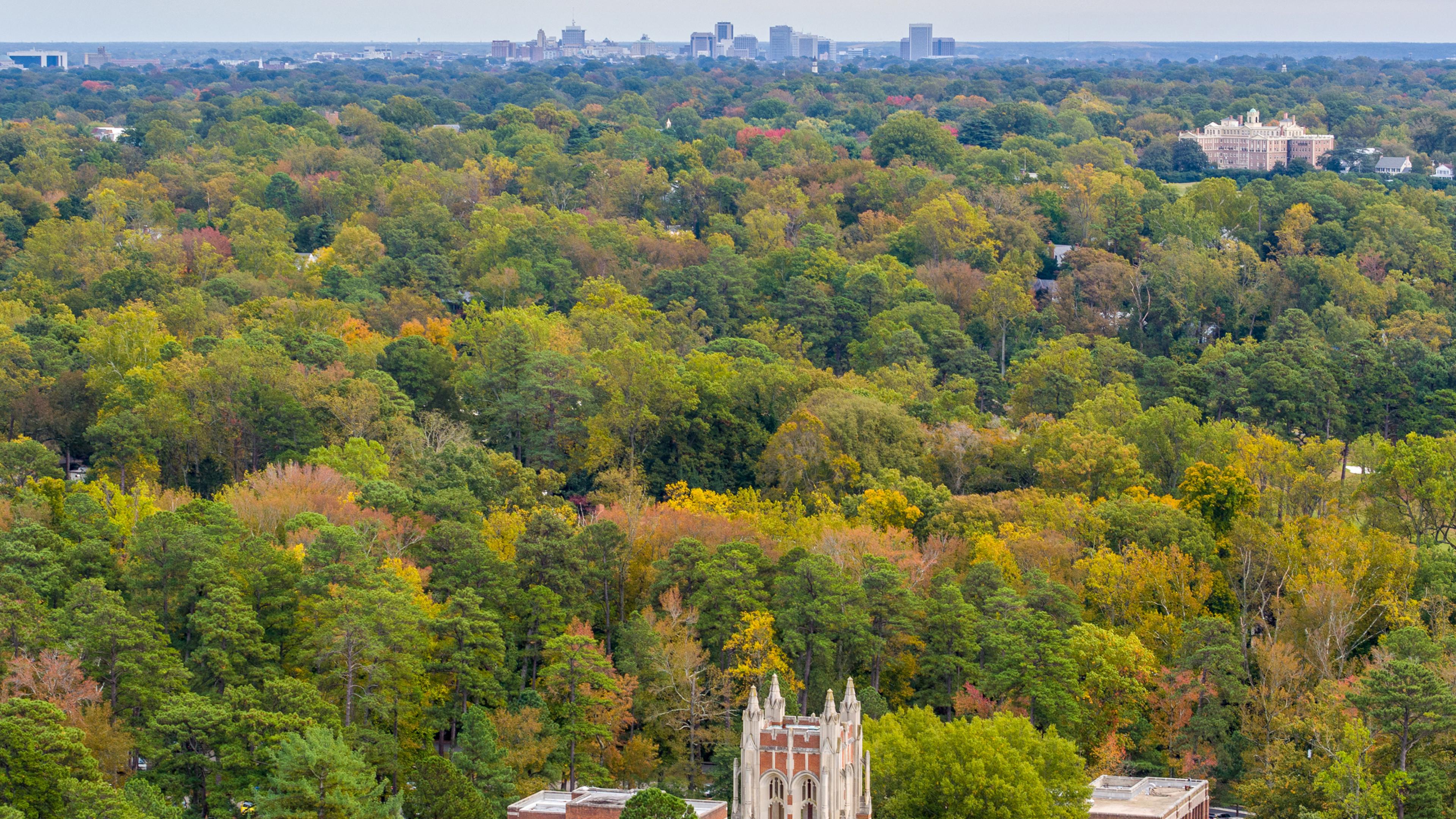 An arial shot of the university of Richmond and the City of Richmond