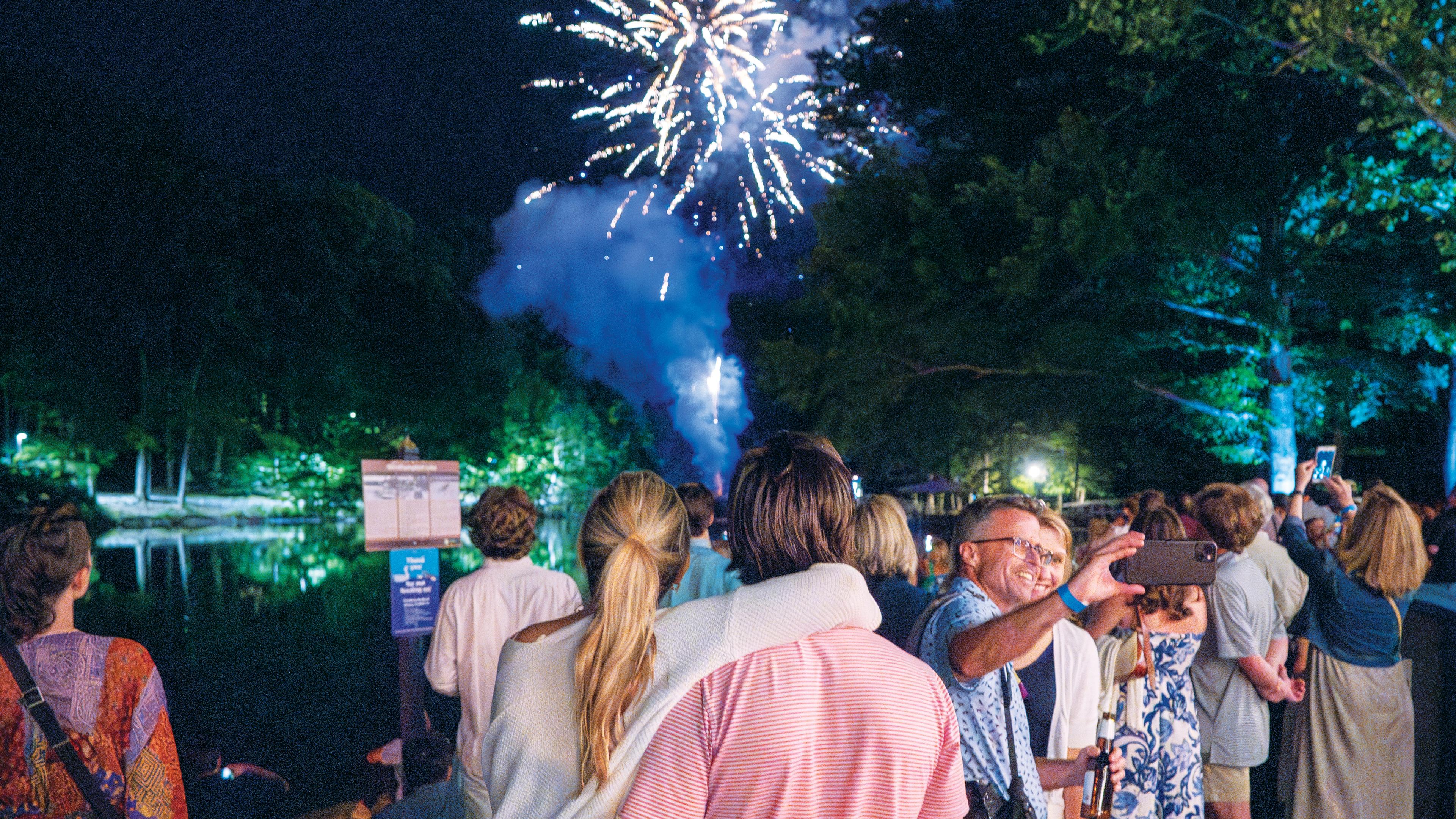 Alumni watch the fireworks at the evening celebration by the lake during Reunion