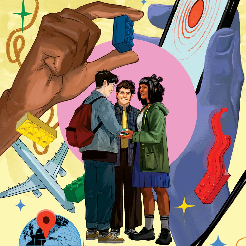 An illustration of three students discussing ideas, while one holds a rubix cube. Behind tem are abstract shapes and colors, as well as hands holding a lego and a cell phone. A globe floats in the corner.