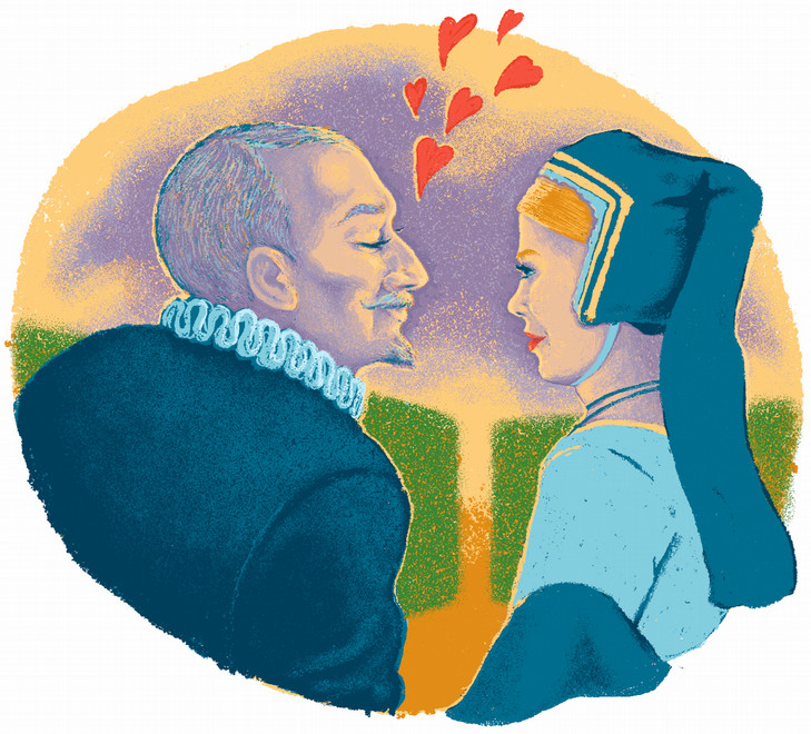 An illustration of a 16th century French man looking amorously at at 16th century French woman. He is wearing a ruffled neck collar, and she is wearing a headdress.