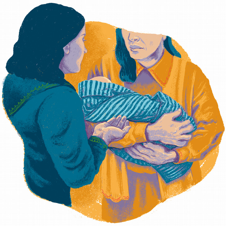 An illustration of an Albanian woman handing another Albanian woman a baby wrapped in swaddling.