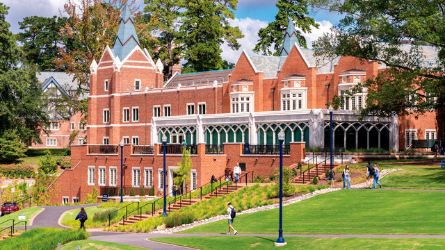 A photo of the renovated front of the library.