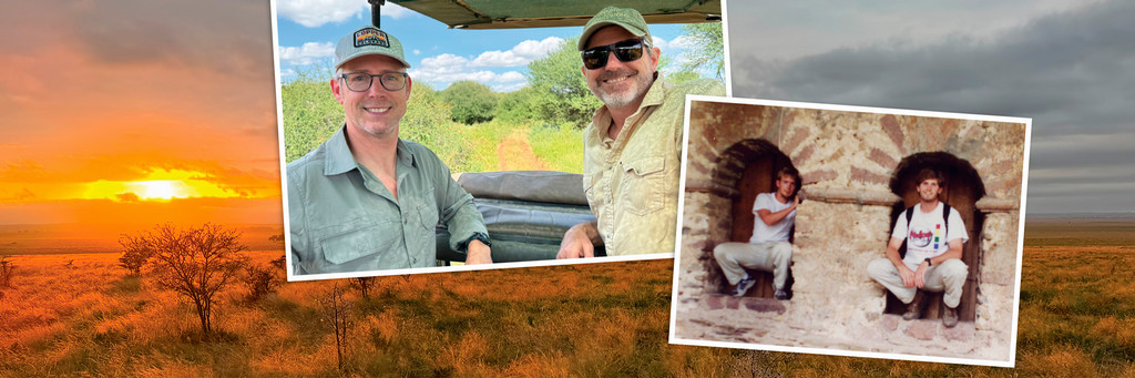A photo of the African landscape as the sun sets with photos of Mark and Dave as college students and more recently as adults. 