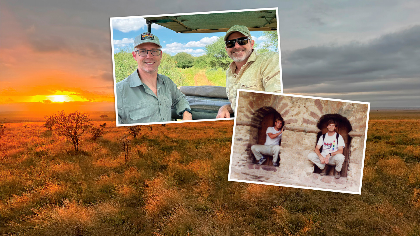 A photo of the African landscape as the sun sets with photos of Mark and Dave as college students and more recently as adults. 