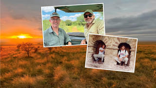 A photo of the African landscape as the sun sets with photos of Mark and Dave as college students and more recently as adults. 