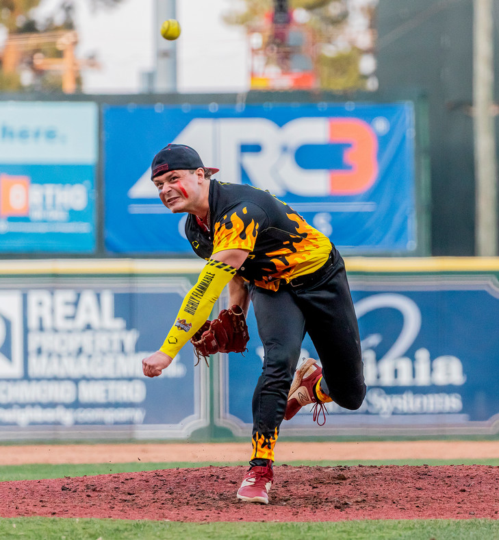 Tyler Rigot, GC’25, throwing a pitch during a Banana Ball game in Richmond