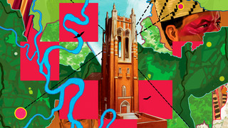 An illustration depicting abstracted rivers, landscapes, and map textures from the Amazon, as well as Virginia. They surround an image of Boatwright tower, and cropped portraits of the university's partners in the Amazon and elsewhere. 