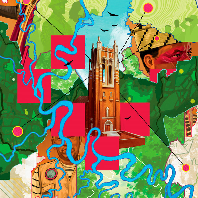 An illustration depicting abstracted rivers, landscapes, and map textures from the Amazon, as well as Virginia. They surround an image of Boatwright tower, and cropped portraits of the university's partners in the Amazon and elsewhere. 