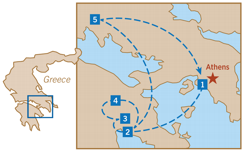 Map graphic of the group tour route in Greece